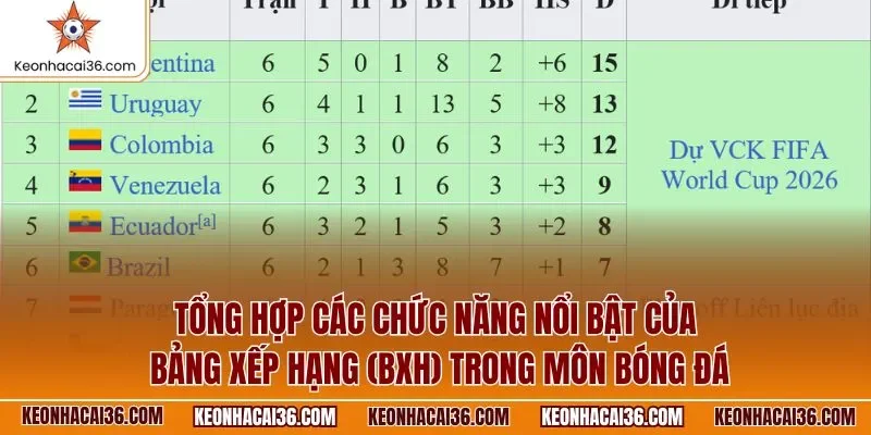 Tổng hợp các chức năng nổi bật của bảng xếp hạng (BXH) trong môn bóng đá